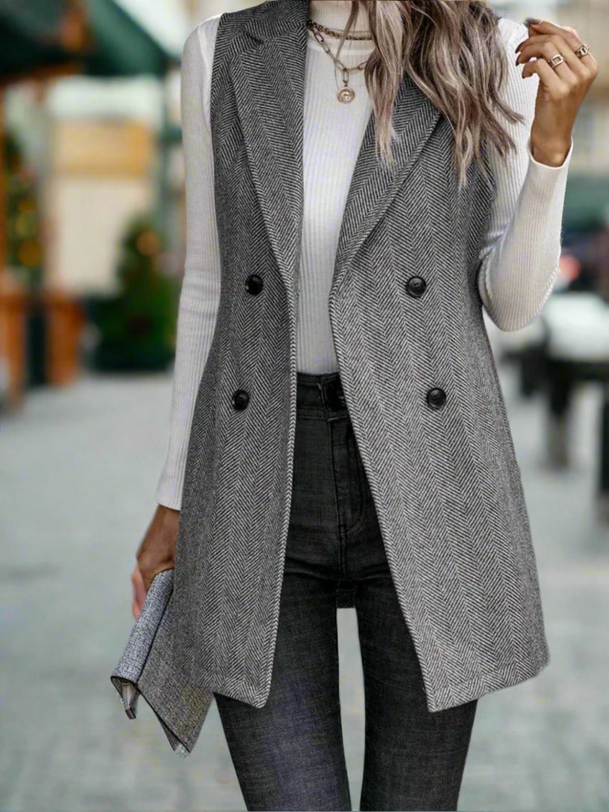 Buttoned Collared Neck Longline Vest Coat